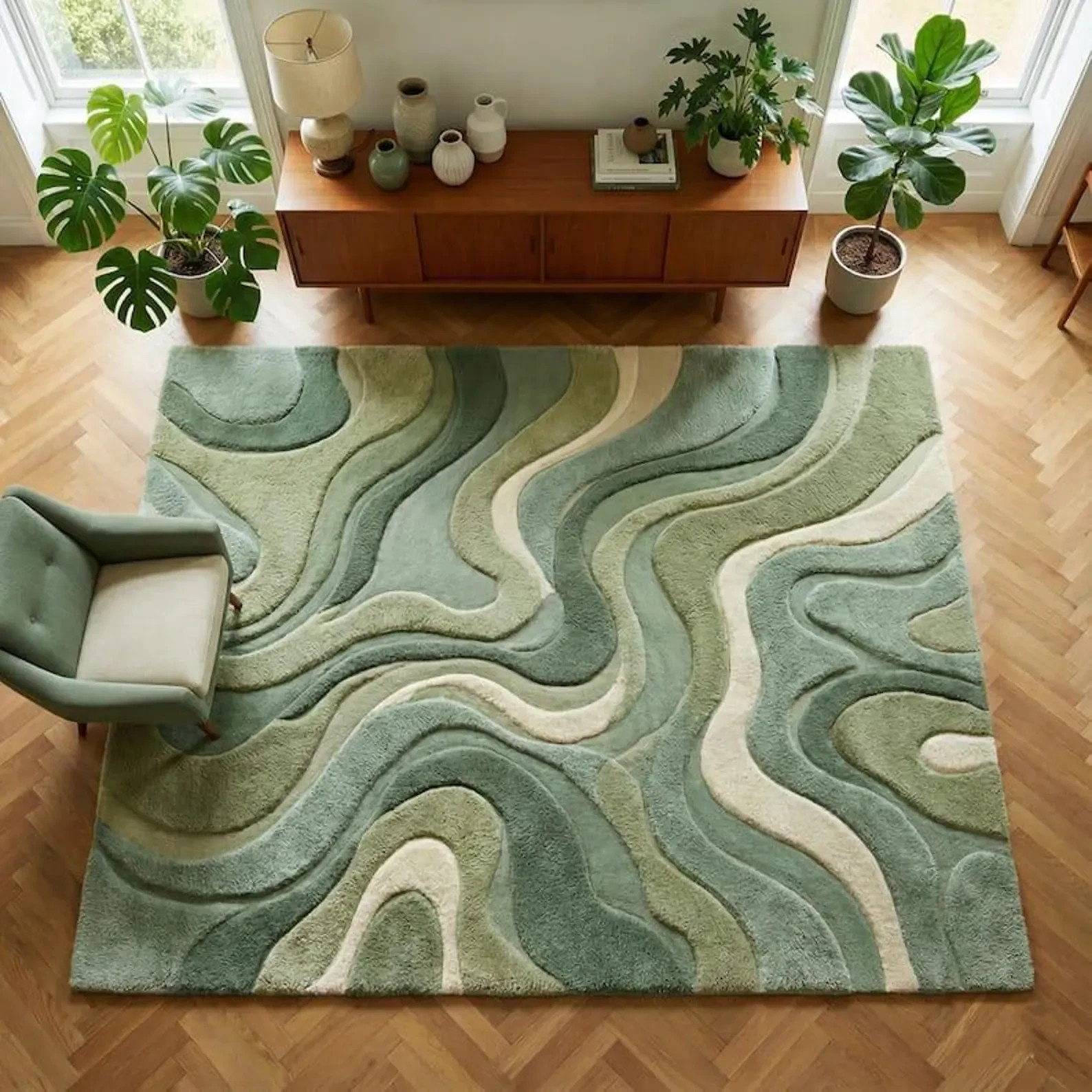 Hand Tufted Rug Mid Century Modern Green Sage Wavy Abstract Carved Carpet Living