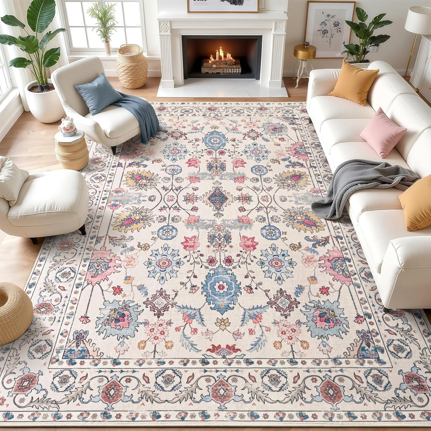 Vintage Boho 8×10 Washable Area Rug – Soft Floral Non-Slip Carpet, Beige
