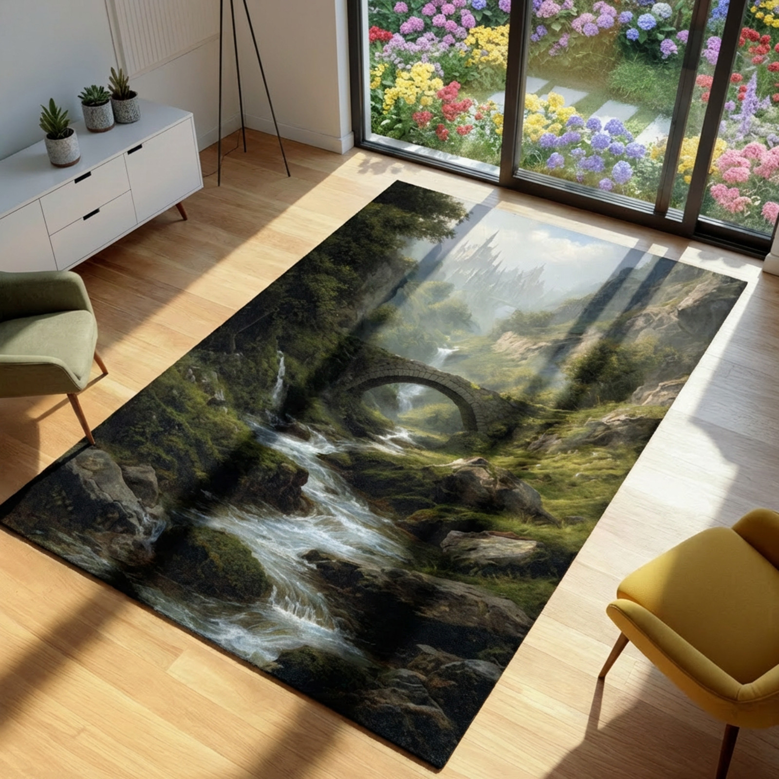 Fantasy Castle Landscape Area Rug, Enchanted Forest Stone Bridge River Rug, Dark