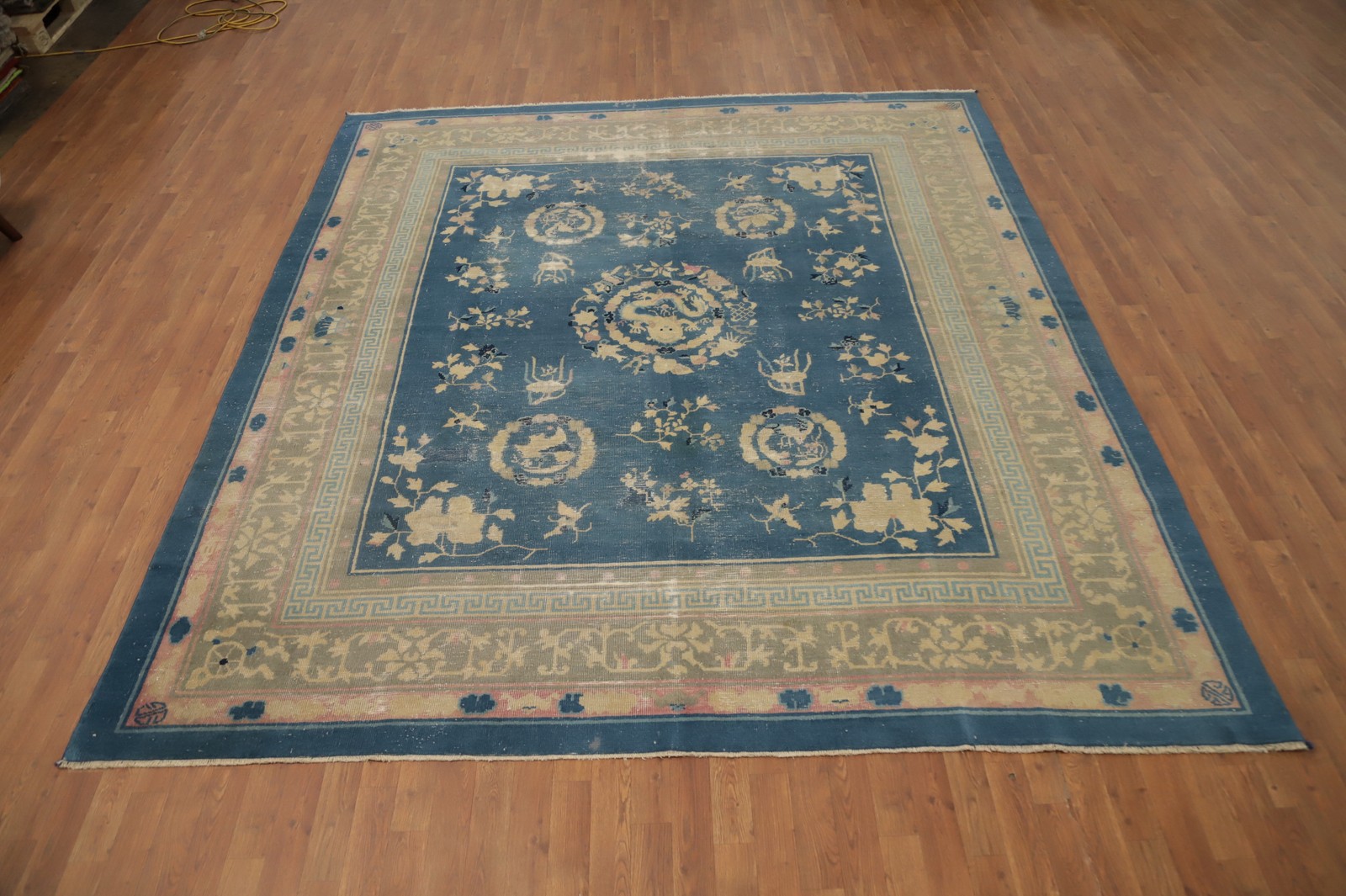 Antique Art Deco Area Rug 9×10 Chinese Vegetable Dye Pre-1900 Blue Carpet