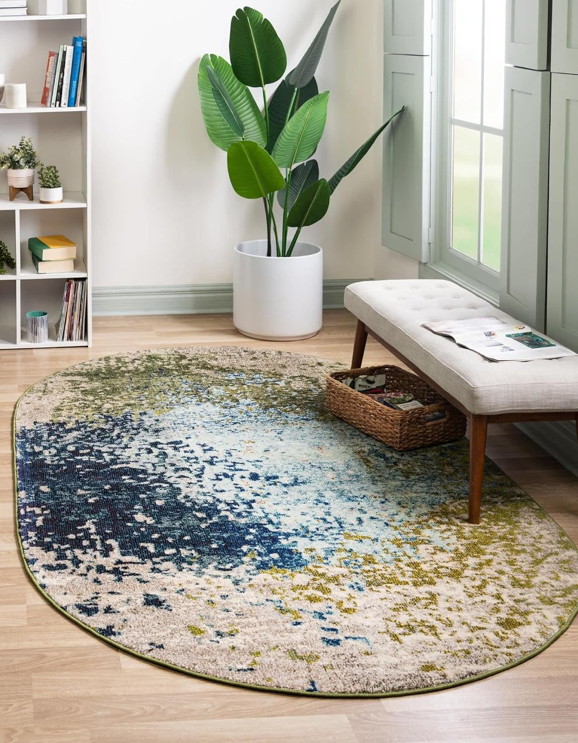 Estrella Abstract Oval Area Rug in Blue/Beige – Modern Distressed Design 7’11″x1