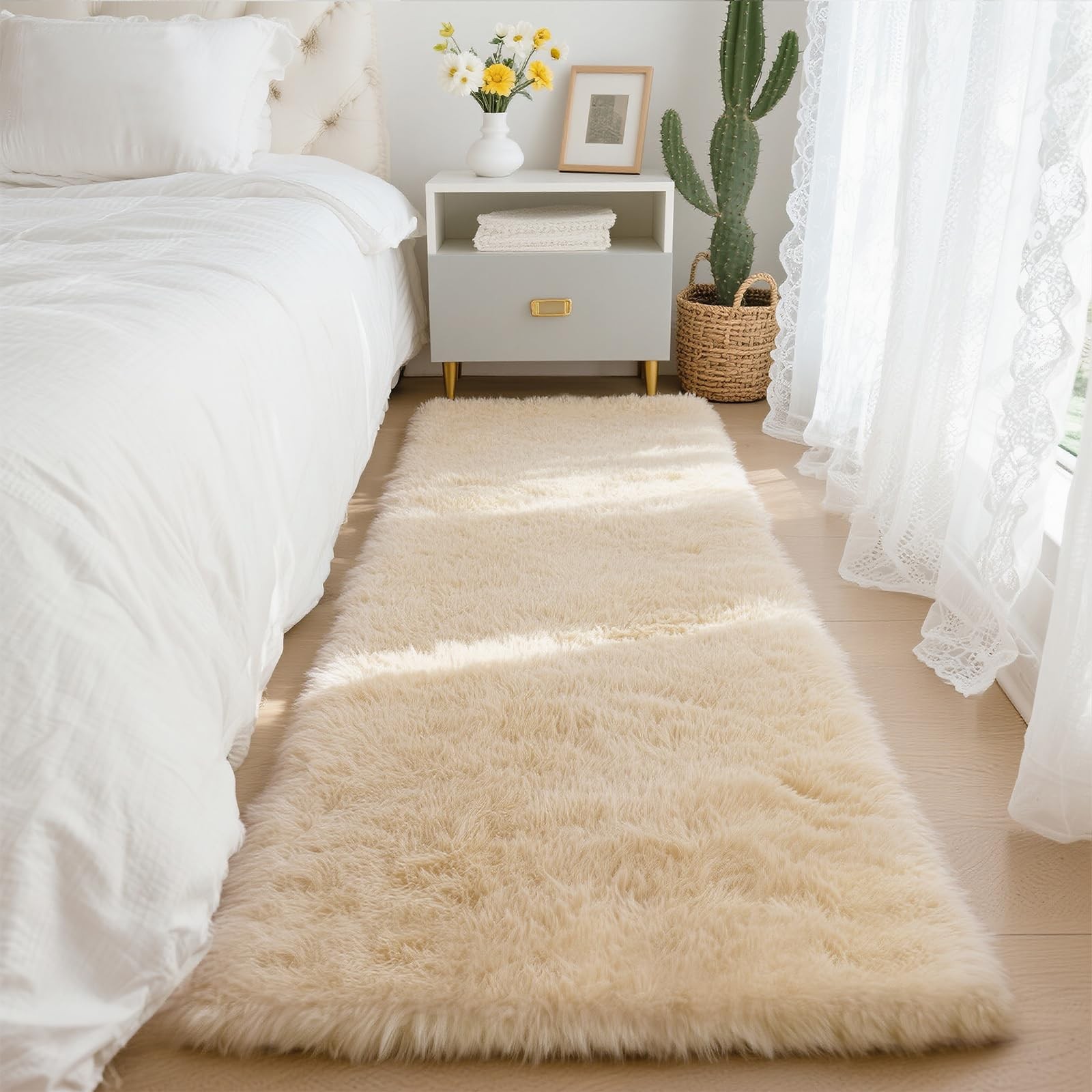 2×6 Solid Fluffy Camel Area Rug – Washable, Durable, Small Bedroom Runner Rug…