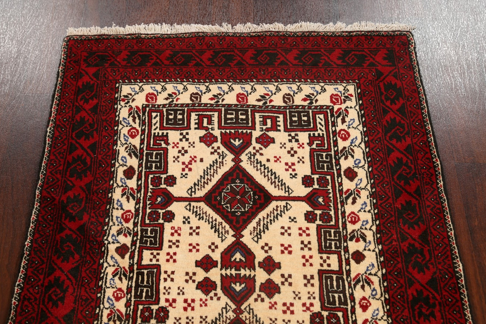 Hand-Knotted Tribal Balouch Design Area Rug 3×6 Ft Geometric Wool Carpet Beige