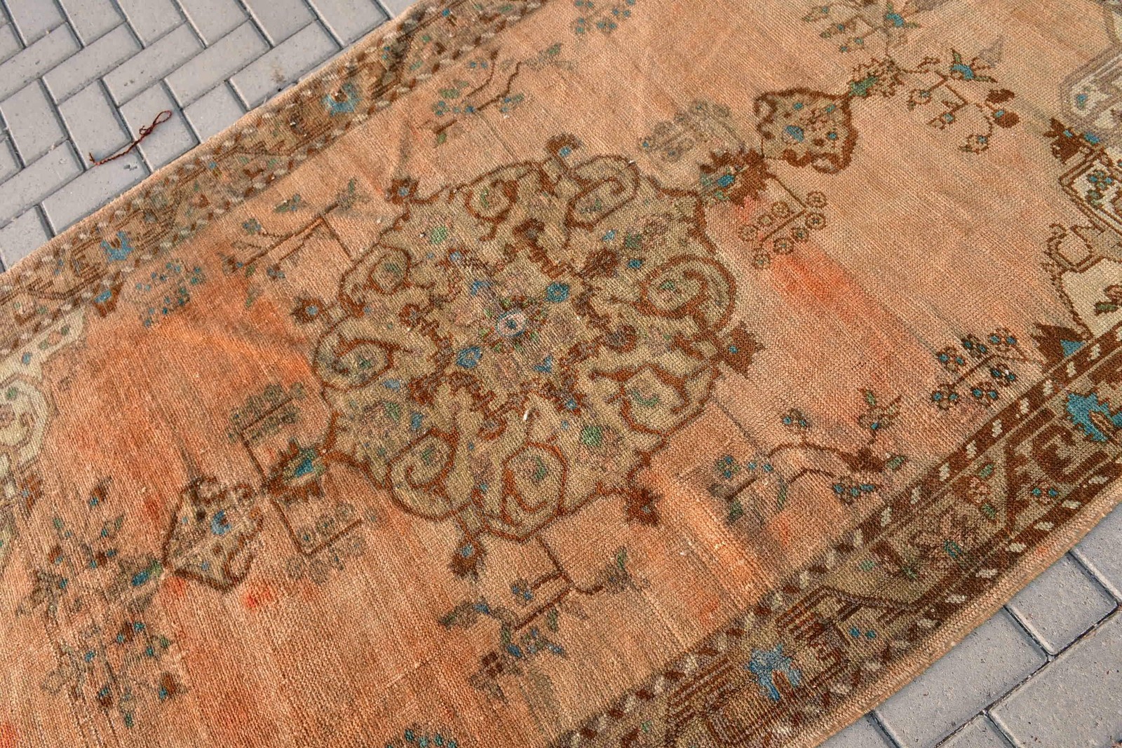 Vintage Turkish Rug, 4,4×7,6 ft Area Rug, Brown Blue Polka dot Wool Rug