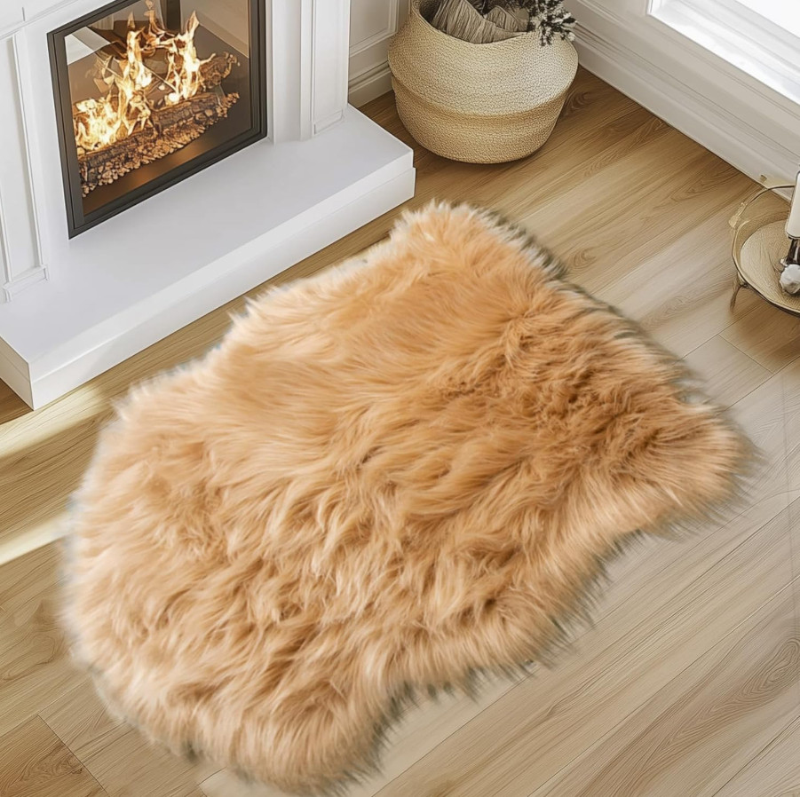Beige Faux Sheepskin Rug 2×3 Soft Fluffy Area Rug Fur Carpet for Bedroom Chair