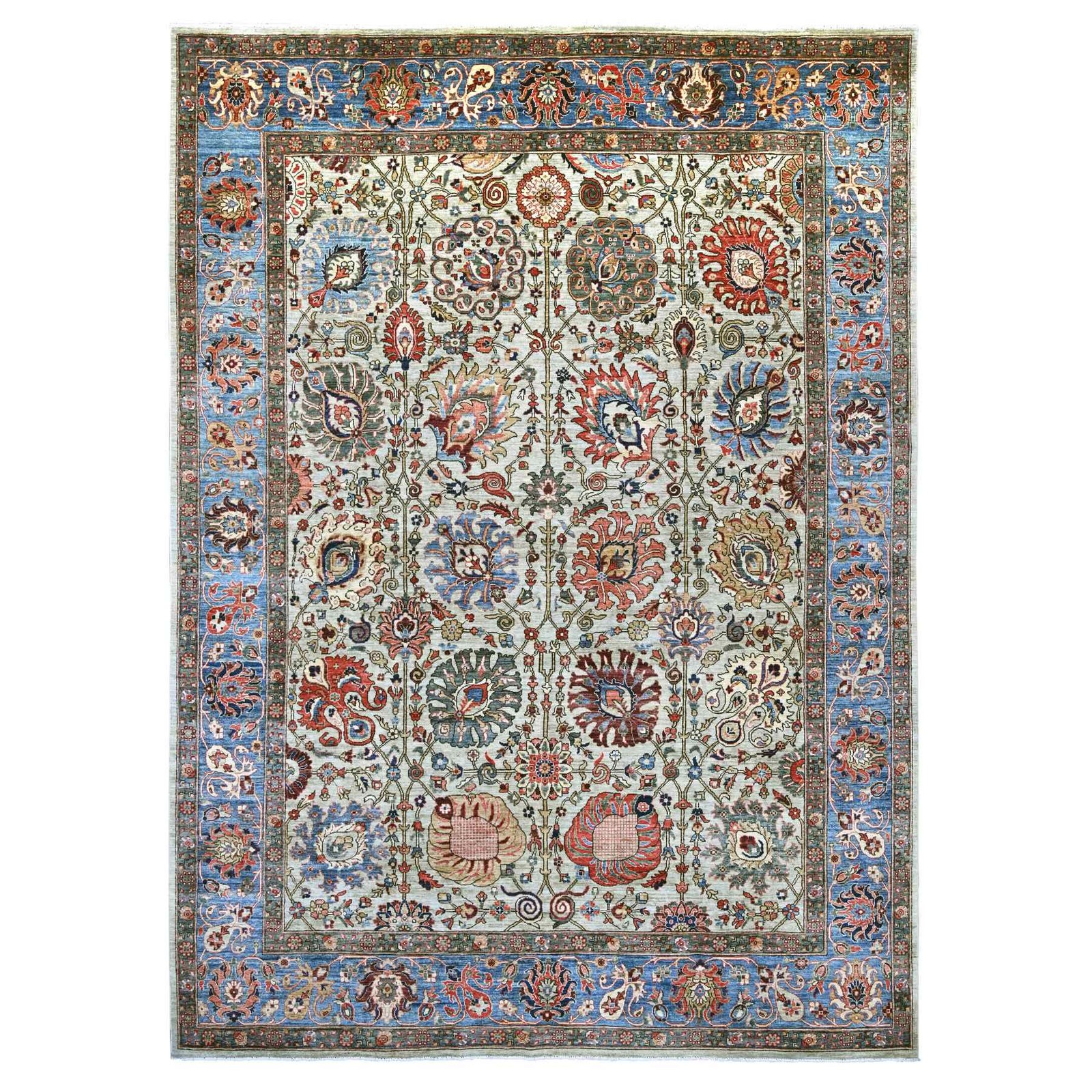 9’9″x13’8″ Greenish Gray Northwest Zoroastrian Design Hand Knotted Soft Wool Rug