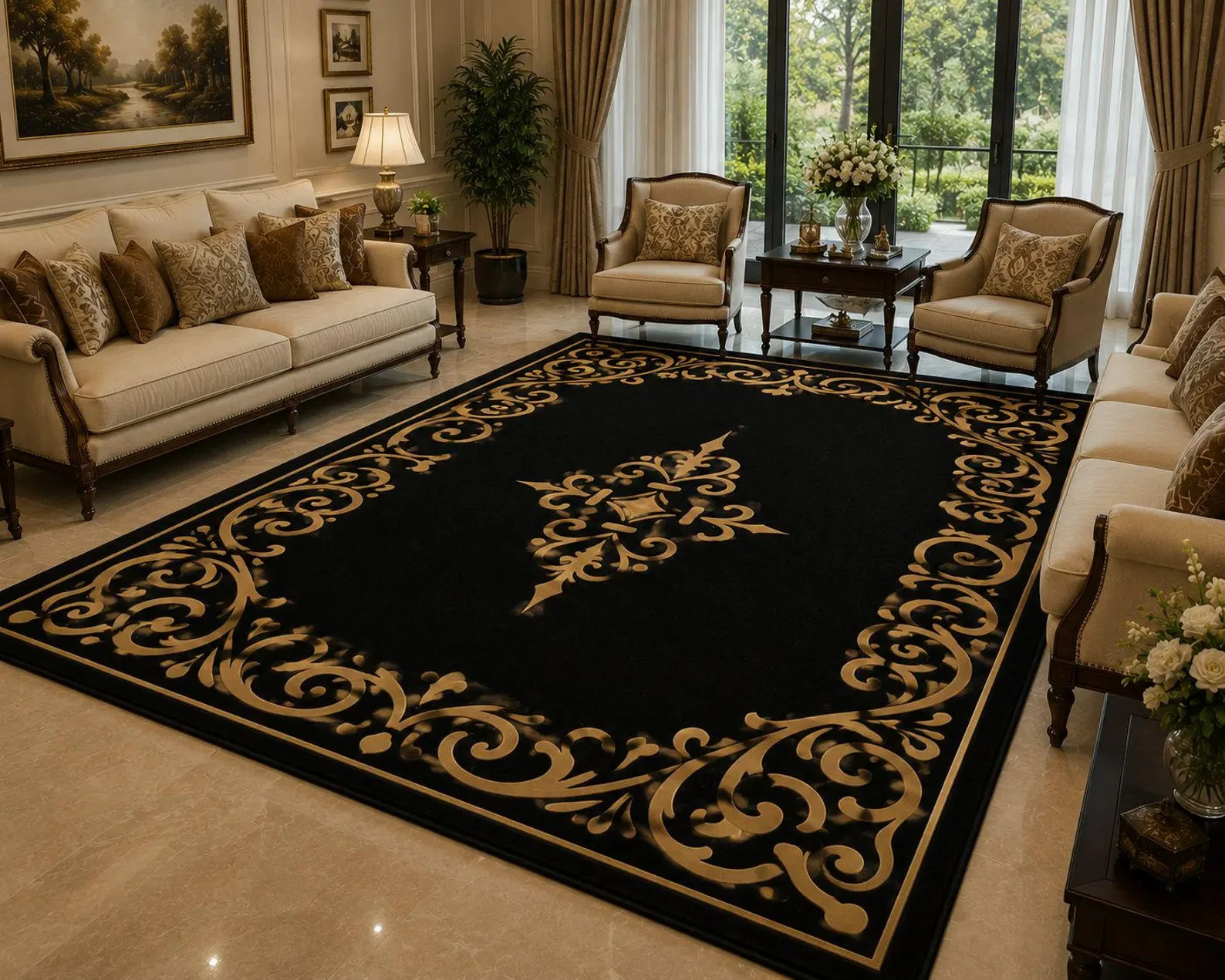 Luxury Black & Gold Hand Tufted Rug Elegant Royal Scroll Design Area Carpet Rug