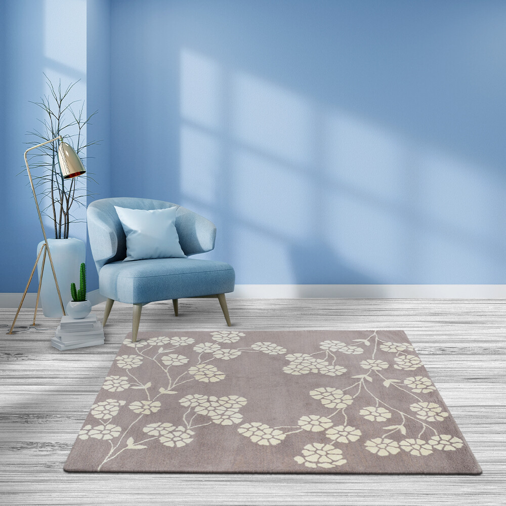 Hand Tufted Wool Square Area Rug Floral Beige White BBH Homes BBK00513