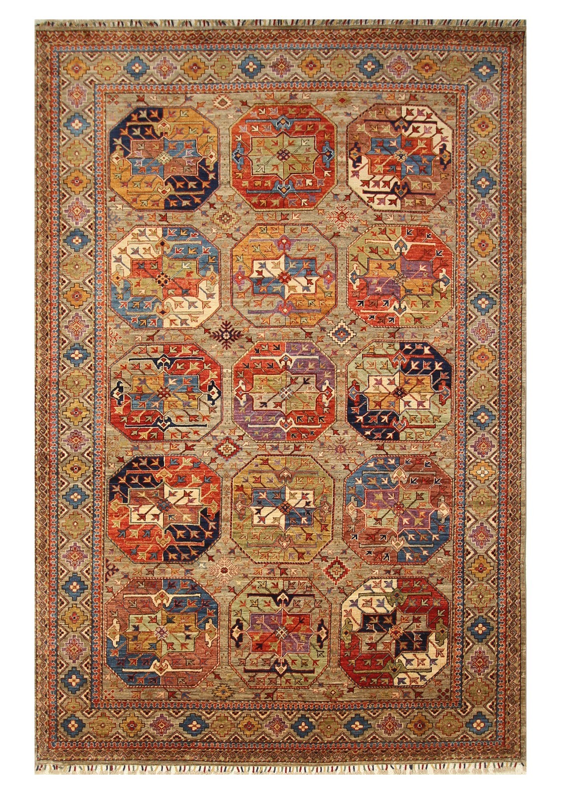 7×10 ft Taupe Gray Ersari Afghan Hand Knotted Wool Geometric Rug