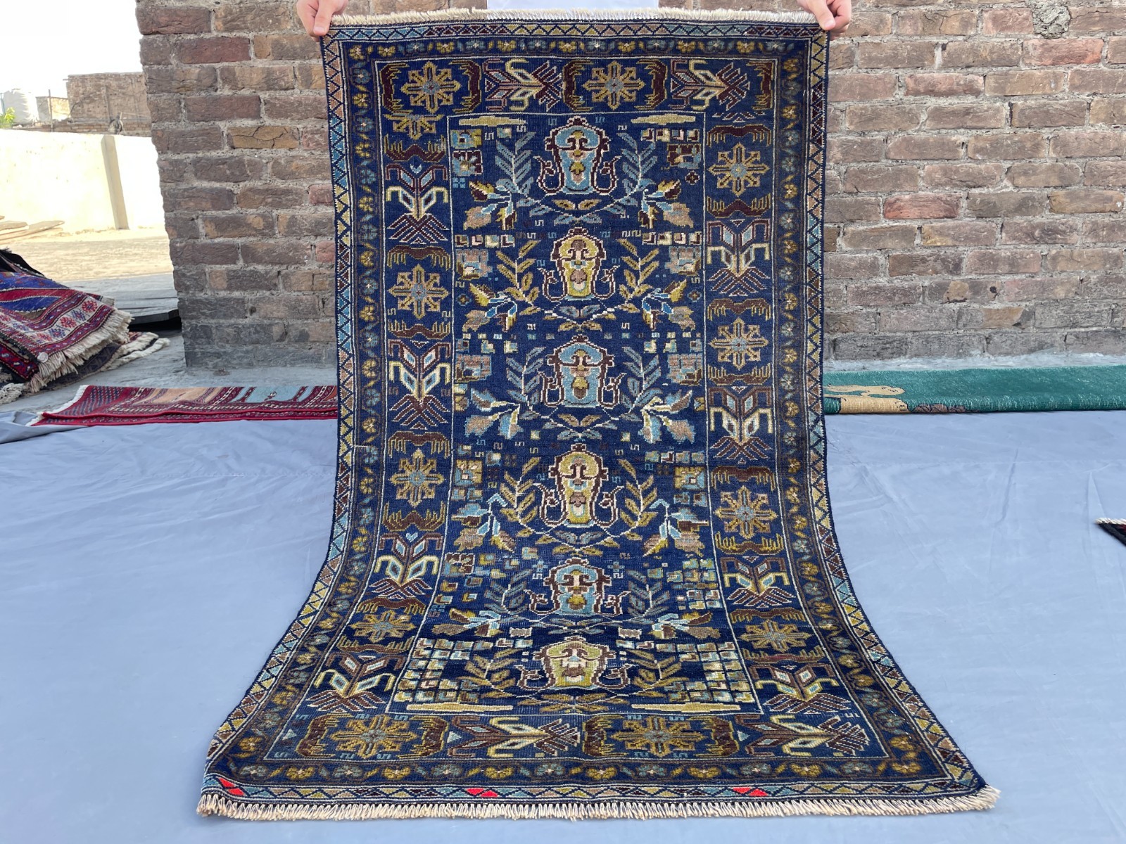 2×4 Afghan Baluchi Rug Handmade Wool Blue Tribal Carpet With Floral And Bird