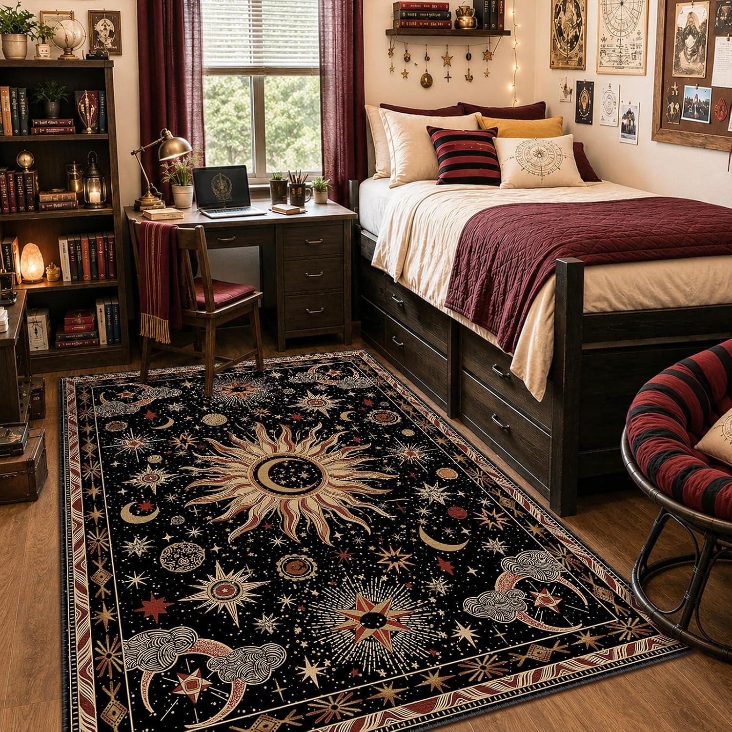 5X7 Area Rugs, Washable Vacuum-Friendly Non-Slip Rug Vintage Boho Gothic Sun and