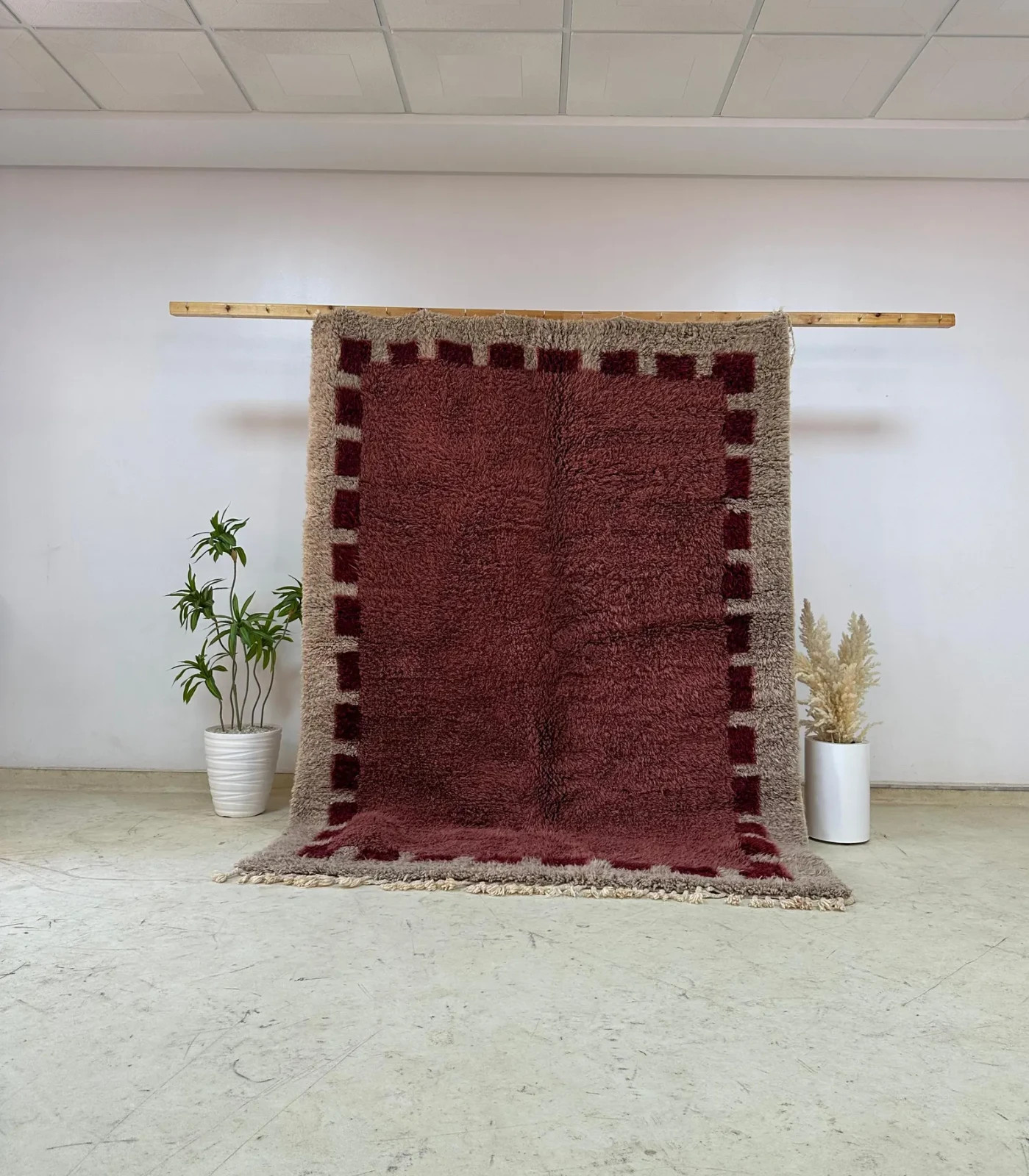 Berber Beni Ourain Moroccan Wool Rug Color Burgundy and Beige Design Carpet Rug