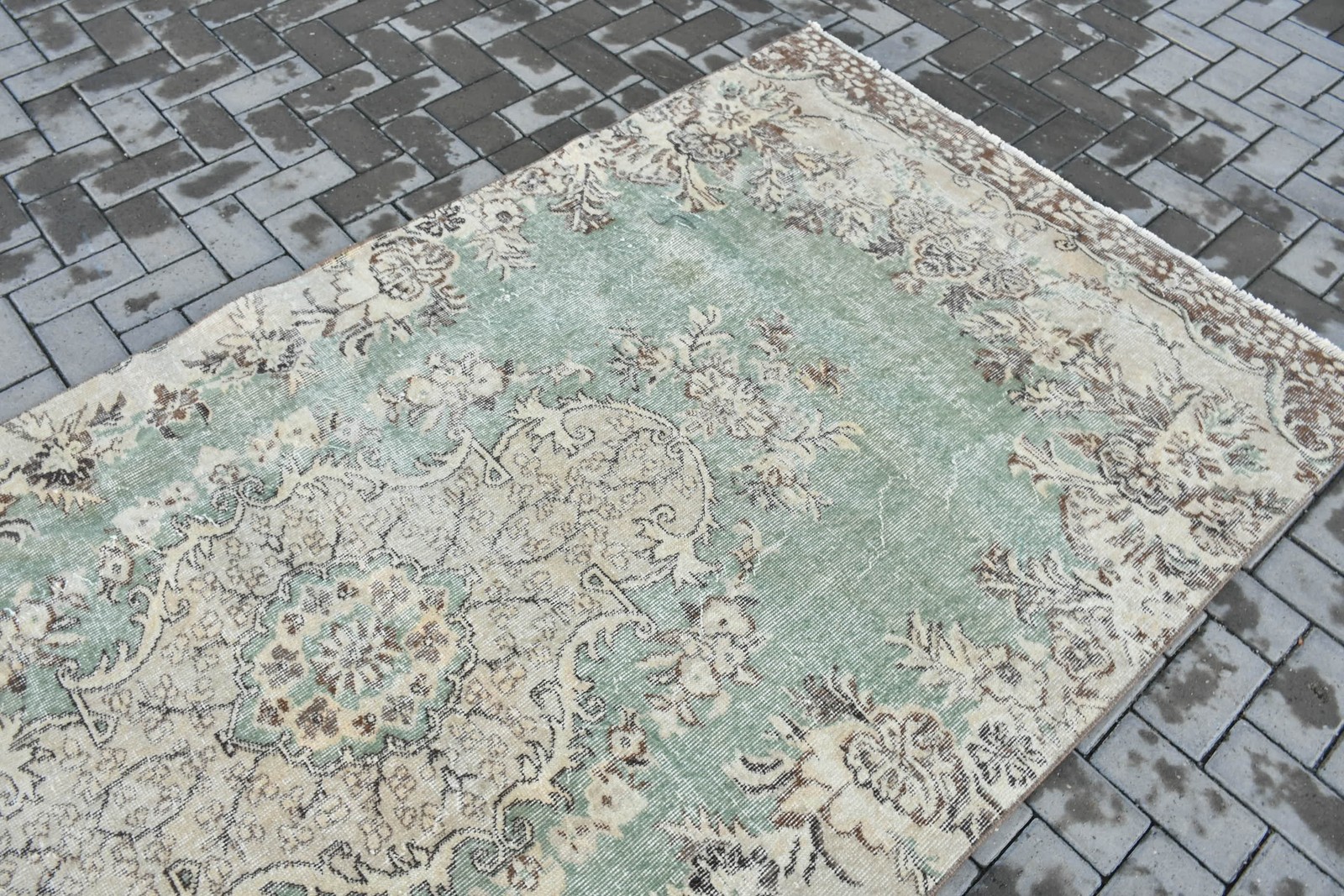 4,4×9,8 ft Turkish Rug, Vintage Large Rug, Green Brown Oriental Rug