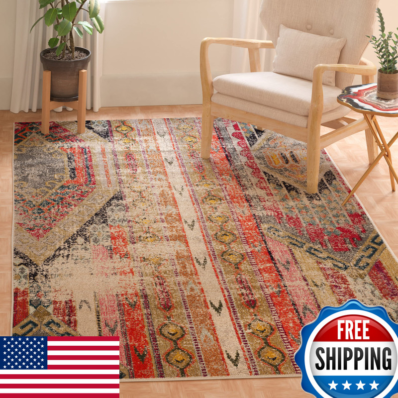 Safavieh Monaco Collection Area Rug – 4 Square Light Grey Multi Boho Chic