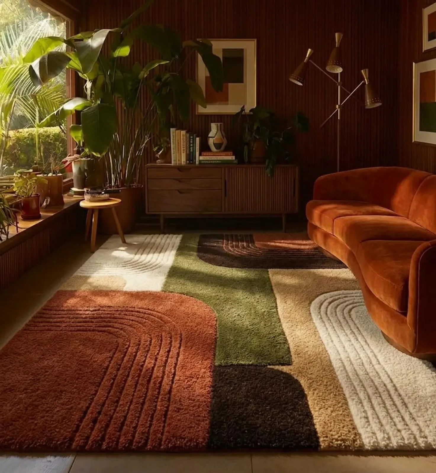 Mid Century Modern Tufted Rug, Abstract Retro Wool Rug, Neutral Earth Tone Carpe