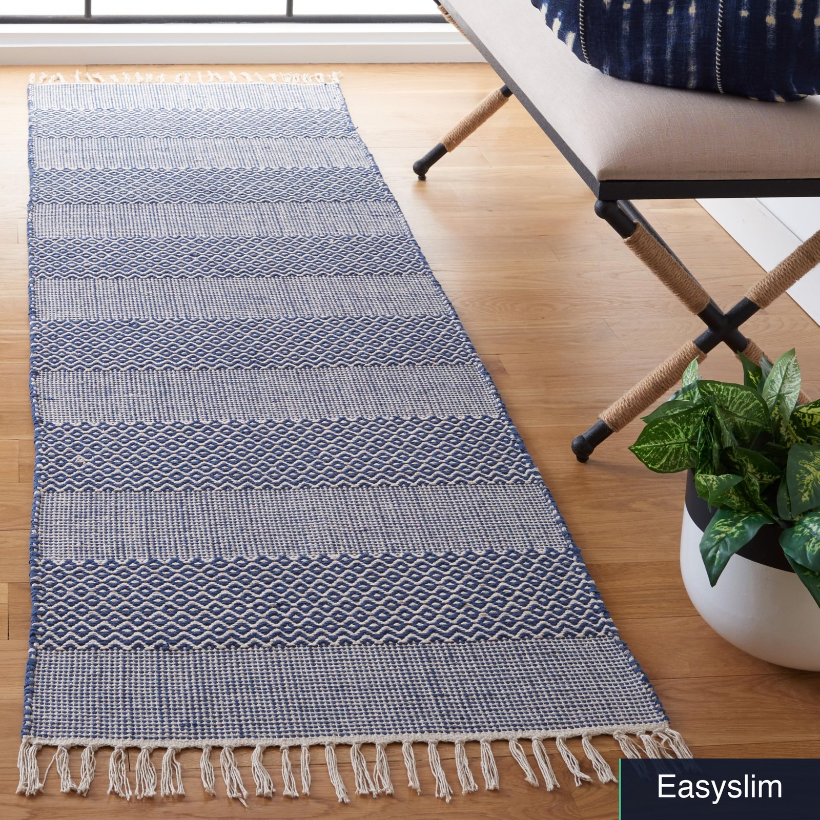 Rug Runner Flatweave Handmade Cotton Ivory Navy Boho Large Tassel