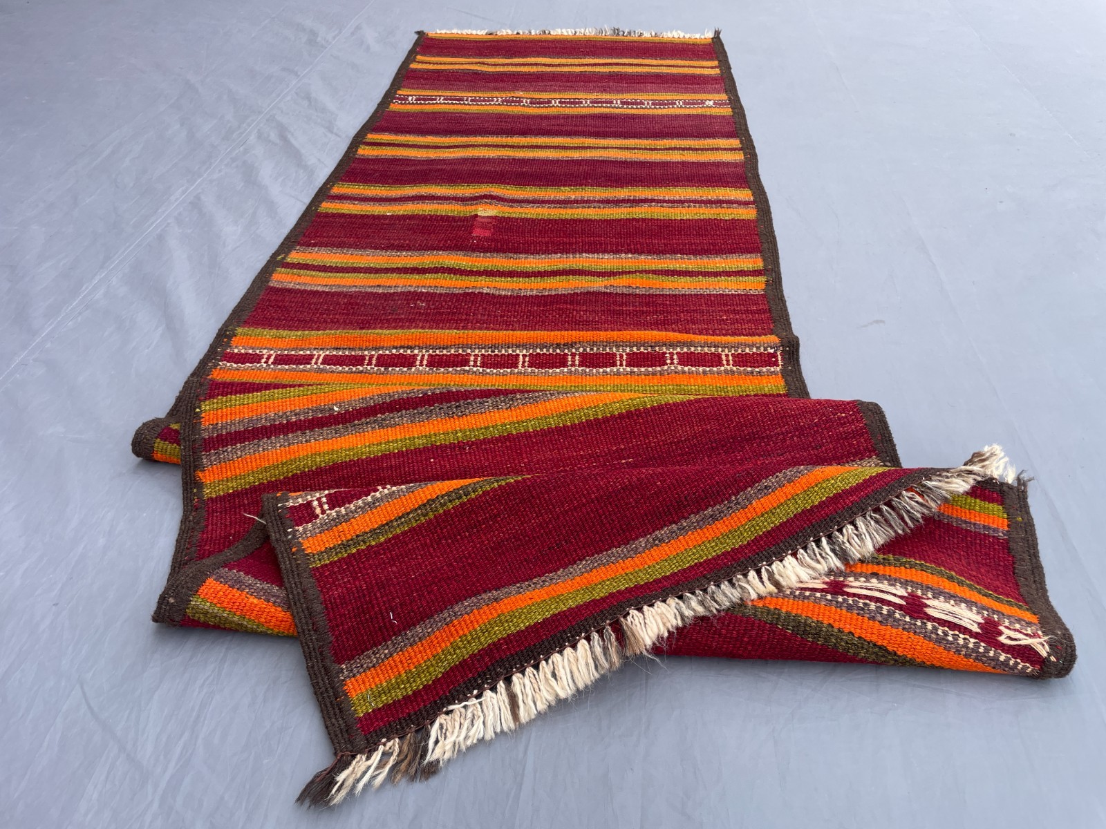 2’4 x 7’10 Ft Rich Red Afghan Kilim Runner Handmade Flatweave Striped Rug Bold