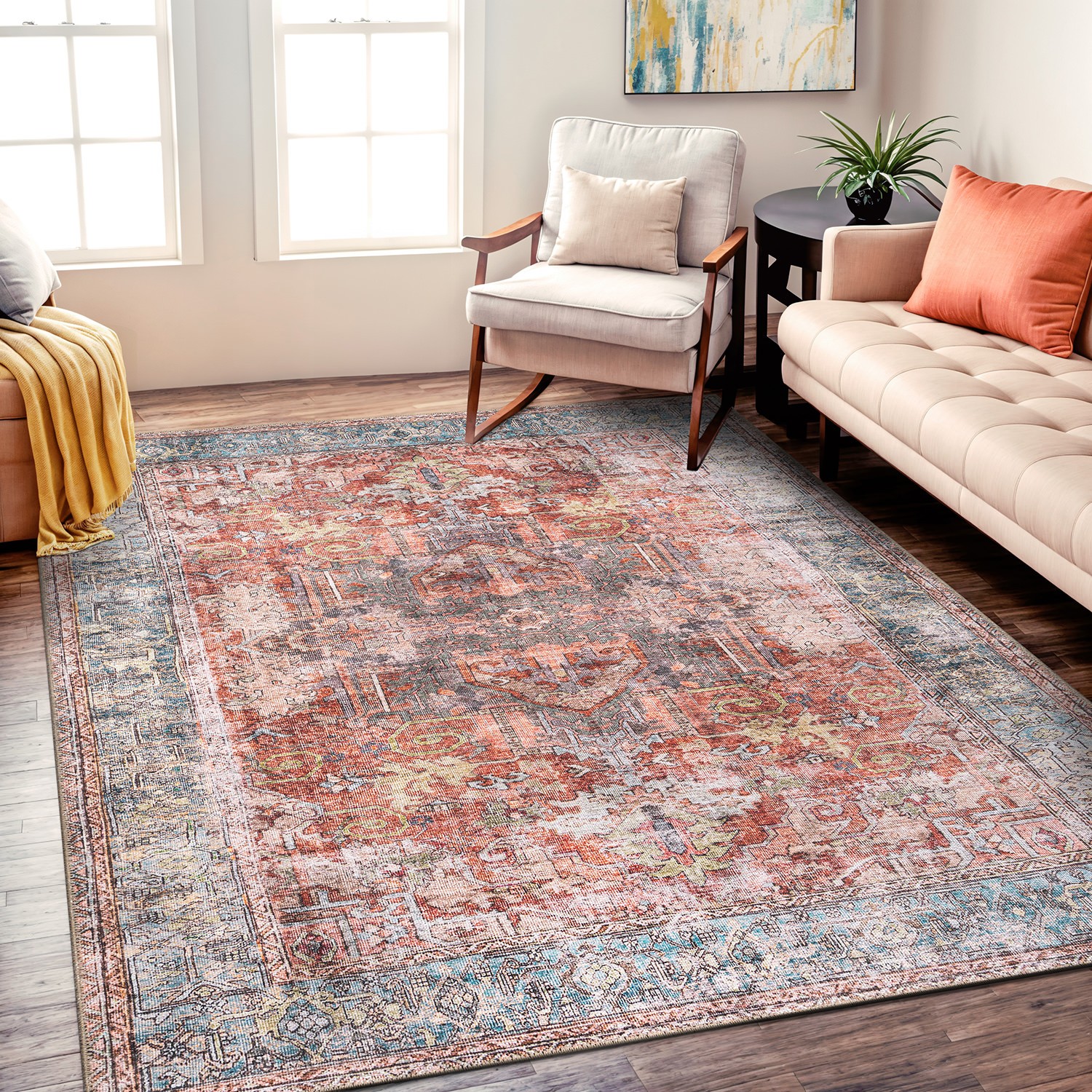 Rugshop Area Rugs Vintage Inspired Distressed Machine Washable Non Slip Rugs 3×5