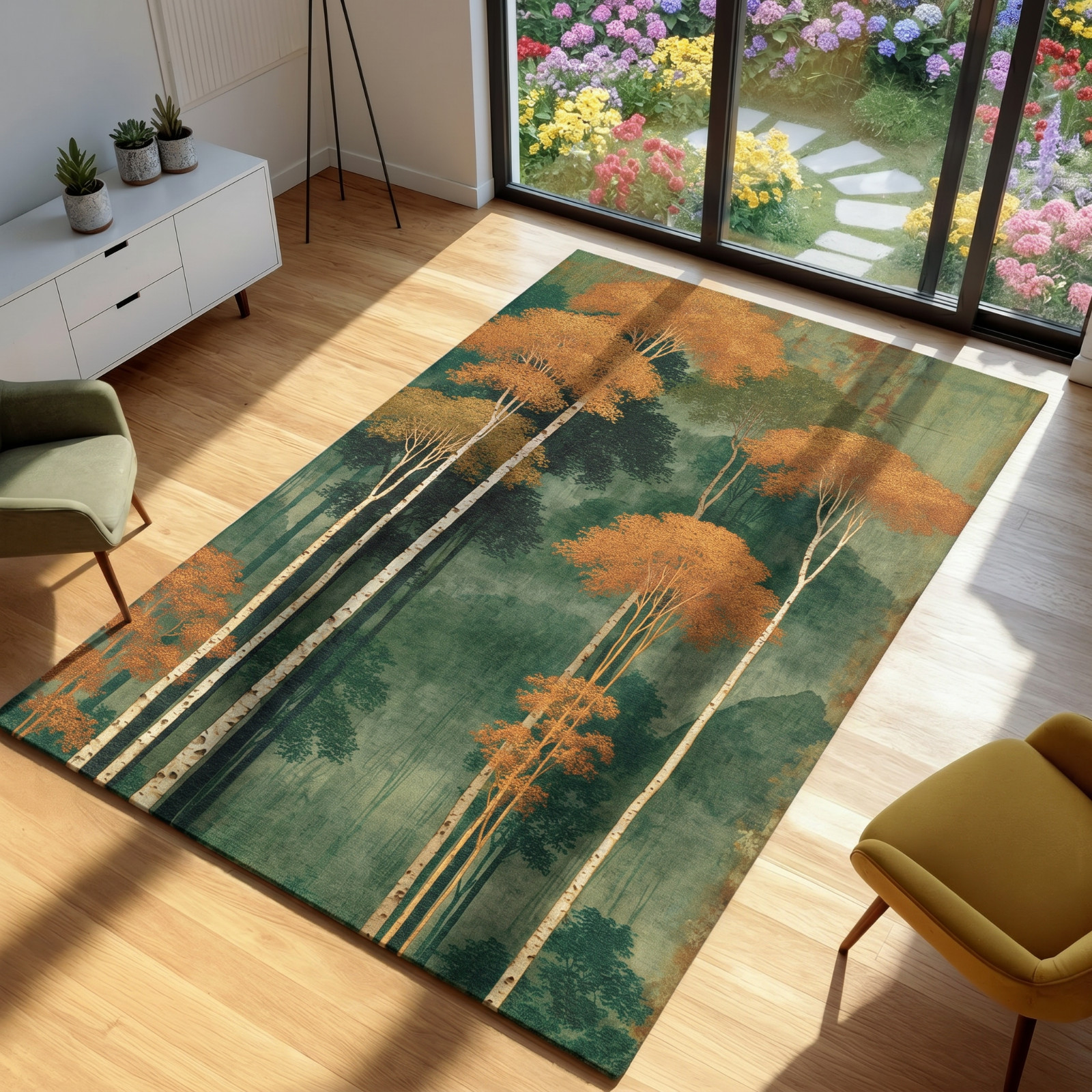 Birch Tree Area Rug, Autumn Forest Carpet, Orange and Green Nature Decor