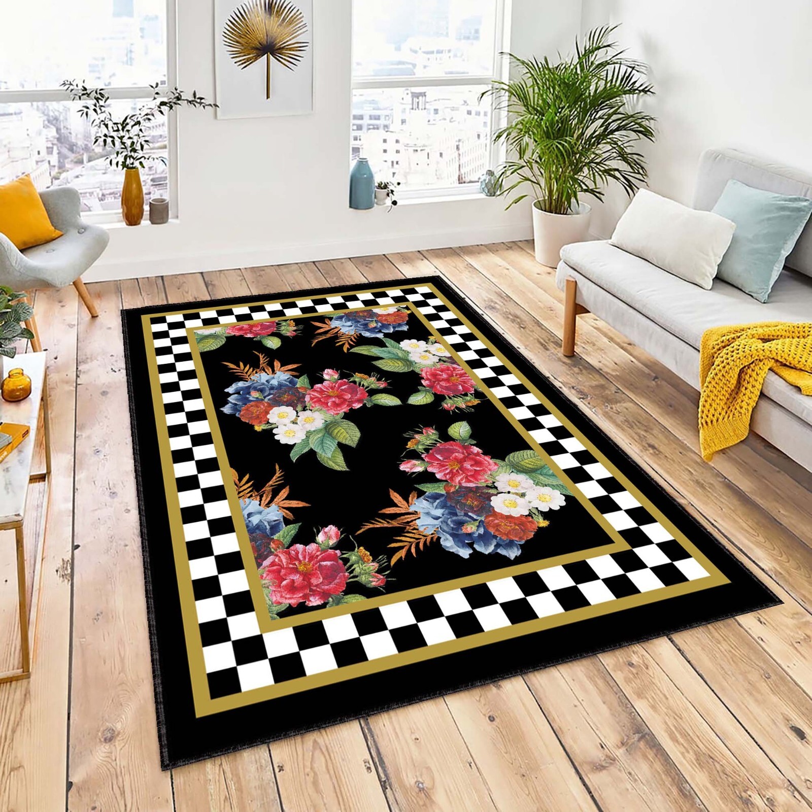 Check Area Rug – Black Floral Carpet – Greek Key Anti Slip Rug – Polka Dot Floor