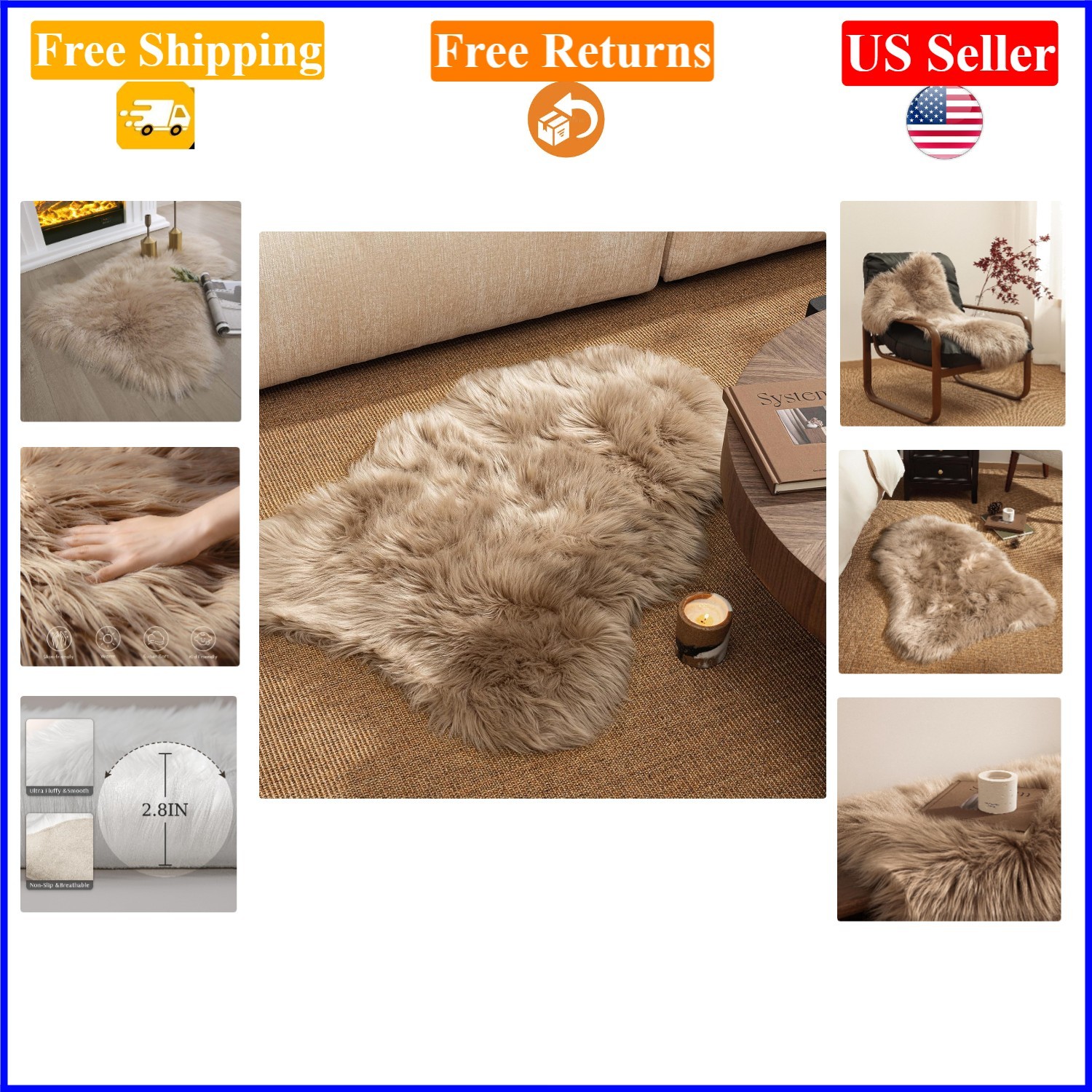 Ashler Beige Faux Fur Rug 2×3 Ft Soft Sheepskin Style Area Rug