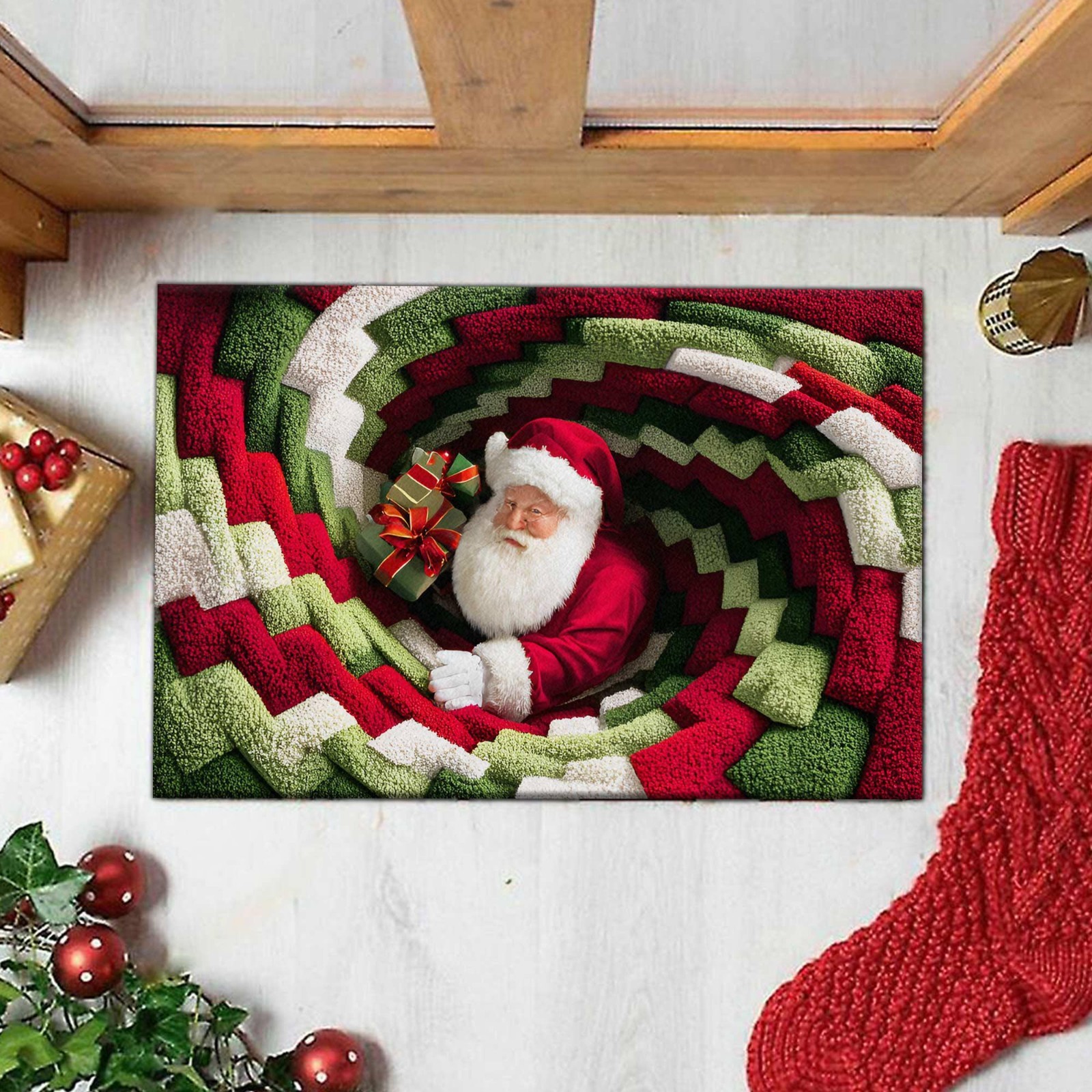 Santa Claus 3D Illusion Rug, Christmas Doormat, Festive Holiday Home Decor Gift