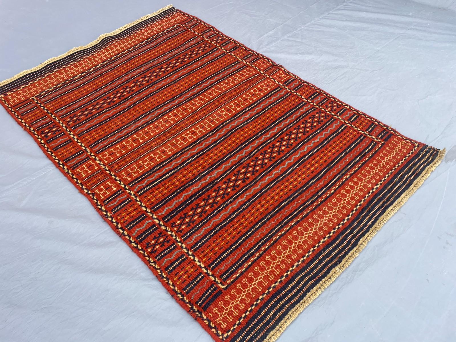 3’4 x 4’1 Ft Handmade Afghan Kilim – Bold Tribal Stripes in Warm Red and Blue