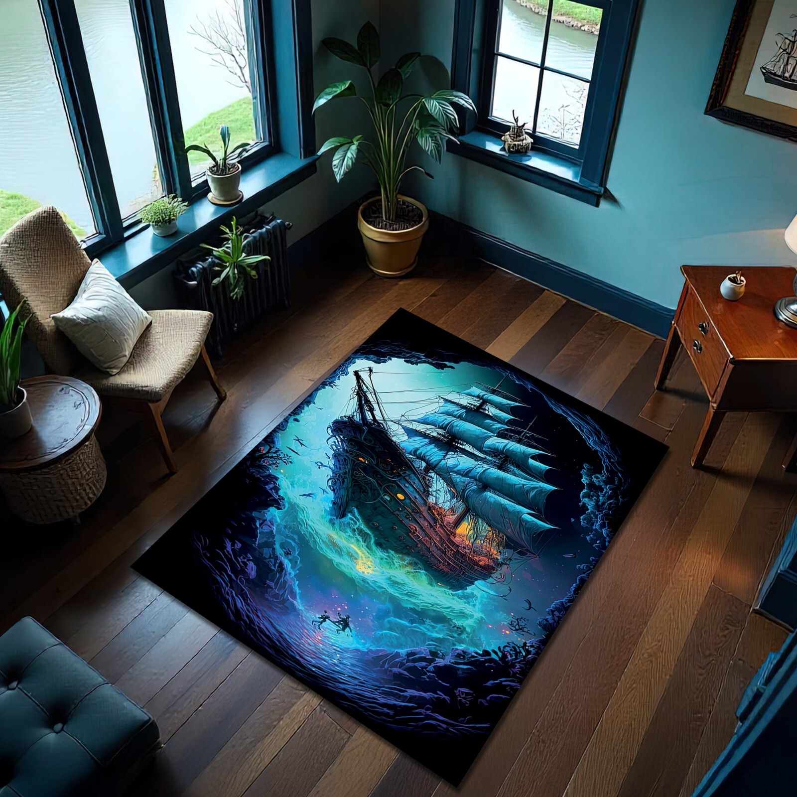3D Ocean Rug Pirate Ship Mat Blue Color Sailing Coastal Carpet Yacht Decor