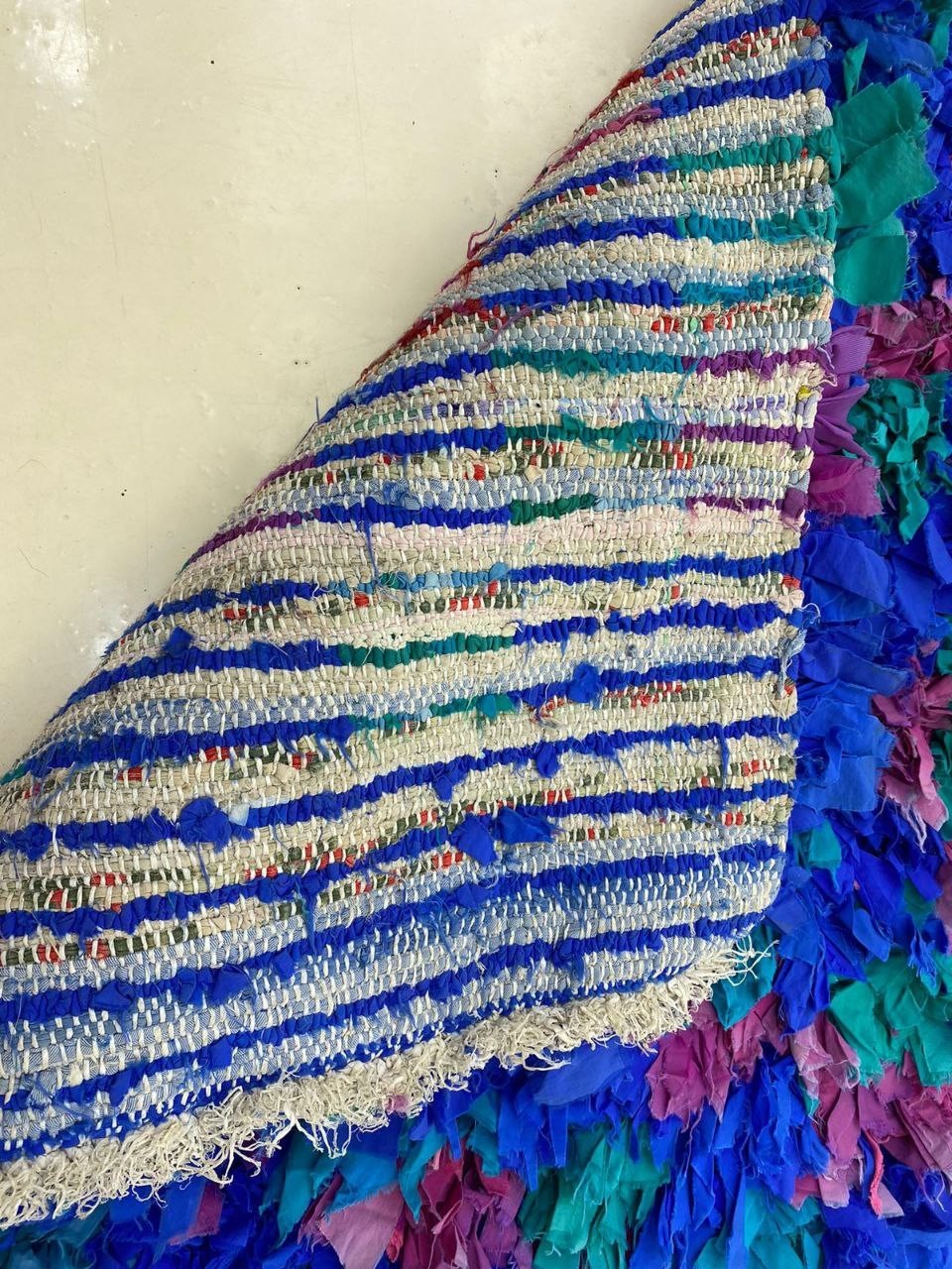 Moroccan Rug Handmade Boucherouite 2’6×6’1 ft Vintage Berber Blue Pink Home Rug