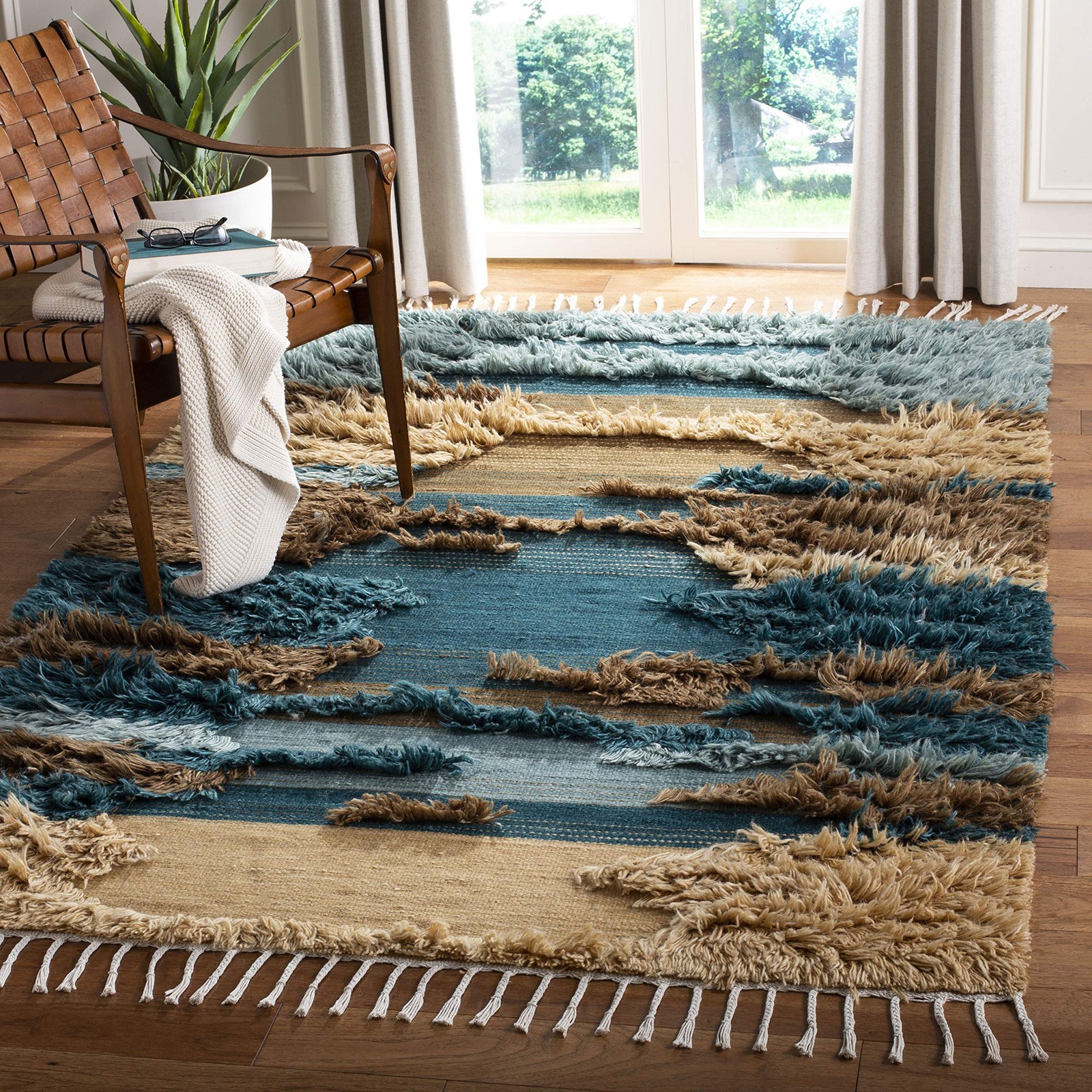 Kenya Collection Area Rug – 6′ x 9′, Blue & Beige, Hand-Knotted Tribal Tassel…