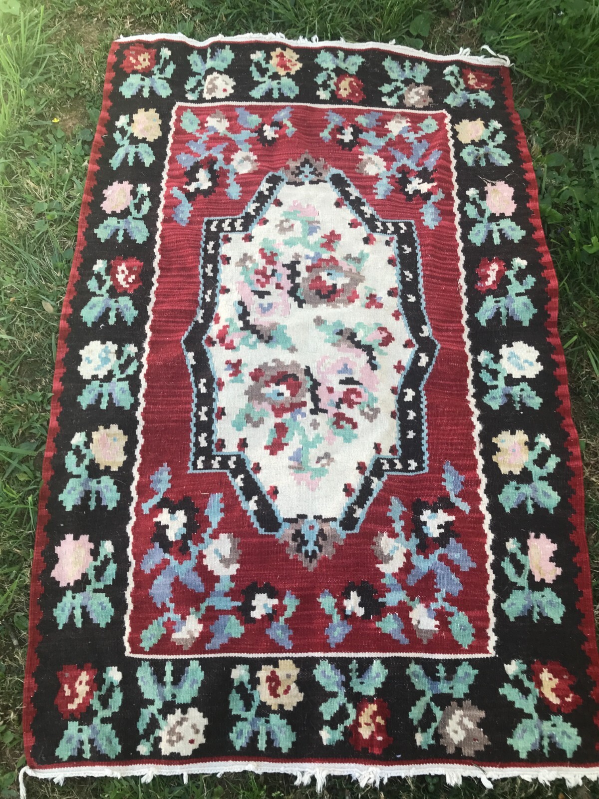 Wool Kilim Area Rug 3.5×5 Floral Design Red Black Turquoise Green
