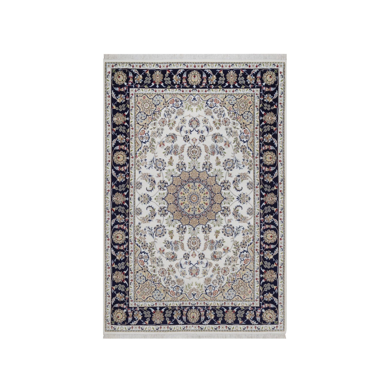 2’2″x3’2″ Ivory Nain with Flower Design Hand Knotted Wool & Silk Mat Rug 92532