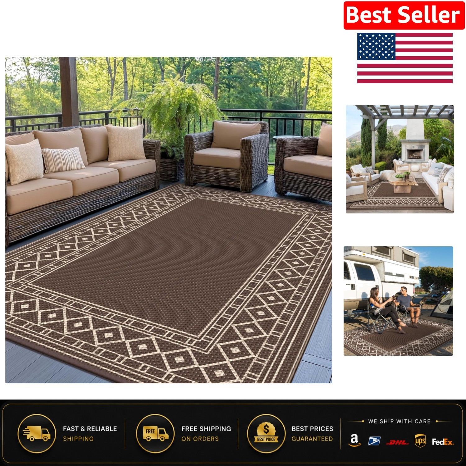 5’x8′ Stylish Coffee Beige Waterproof Outdoor Rug – Perfect for Picnic & Deck