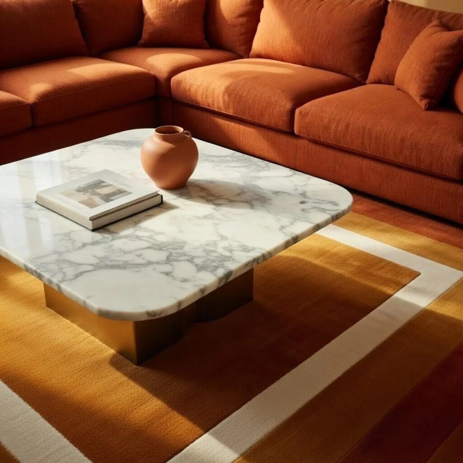 Hand Tufted Wool Area Rug Rust Orange Border Modern Geometric Living Room Carpet