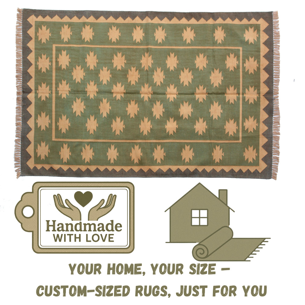 🧵Multi Size Green & Gold Yellow Handwoven Rug – Geometric Cotton Flatweave Mat