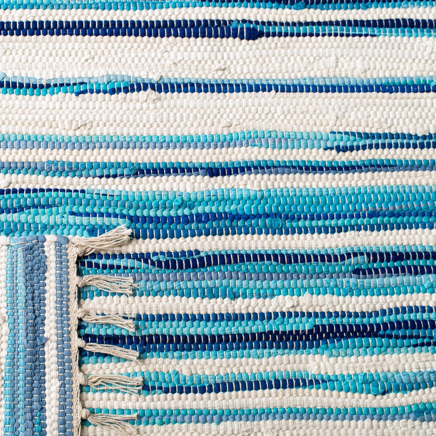 Handmade Boho Stripe Rag Rug – 9′ x 12′, Ivory & Blue, Durable for High Traffic