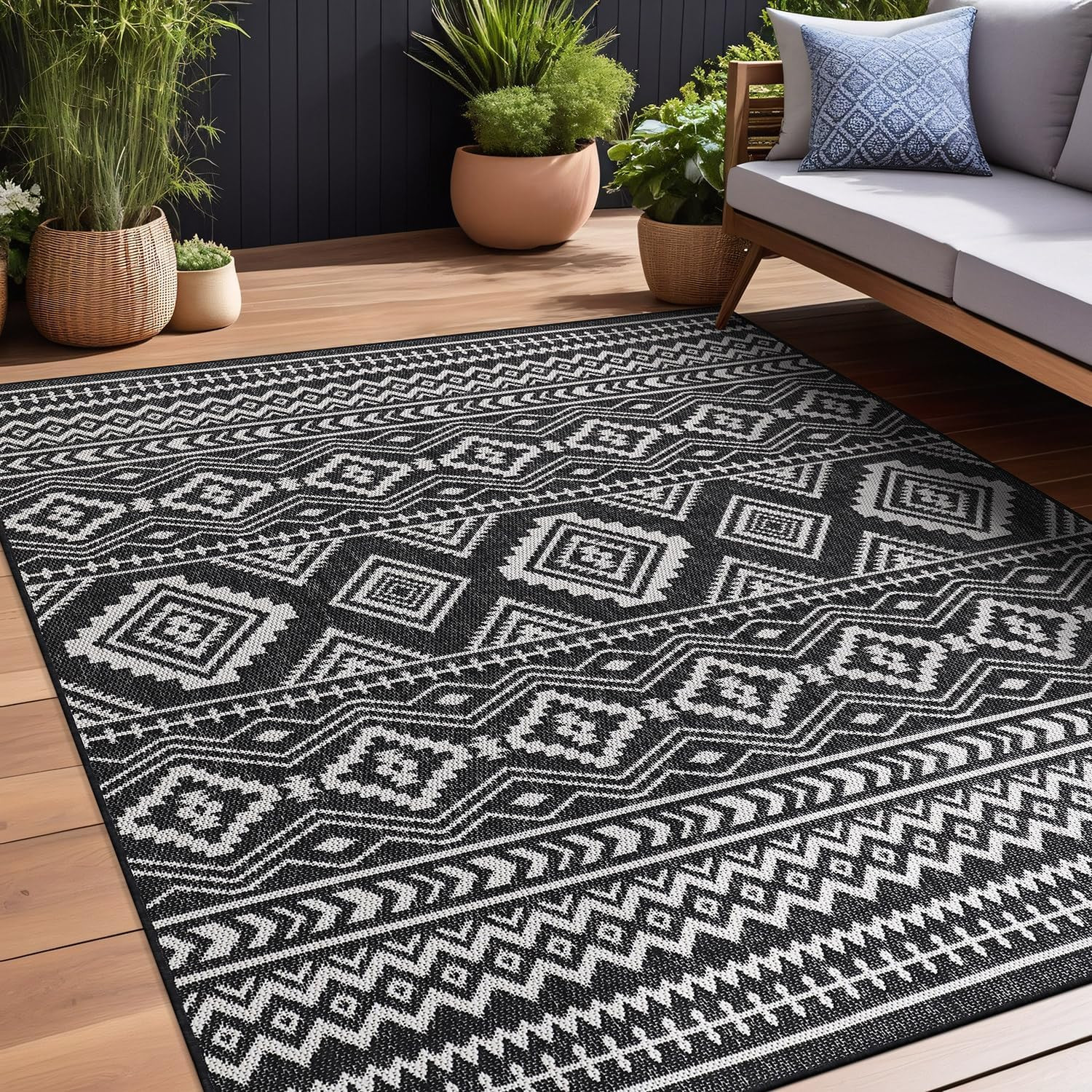 Waikiki Boho Indoor Outdoor Rug 5X7, Washable outside Carpet for Patio, Deck, Po
