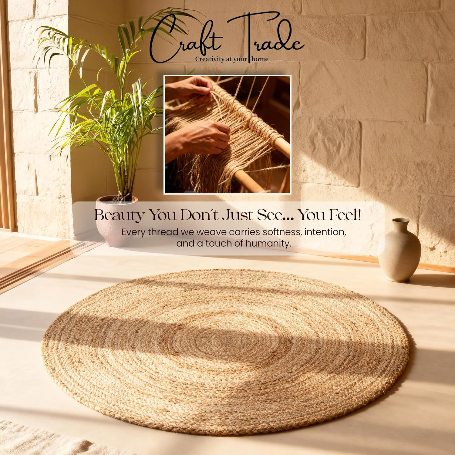 5 Ft Handwoven Jute Rug – Eco-Friendly Rustic Boho Decor for Any Room