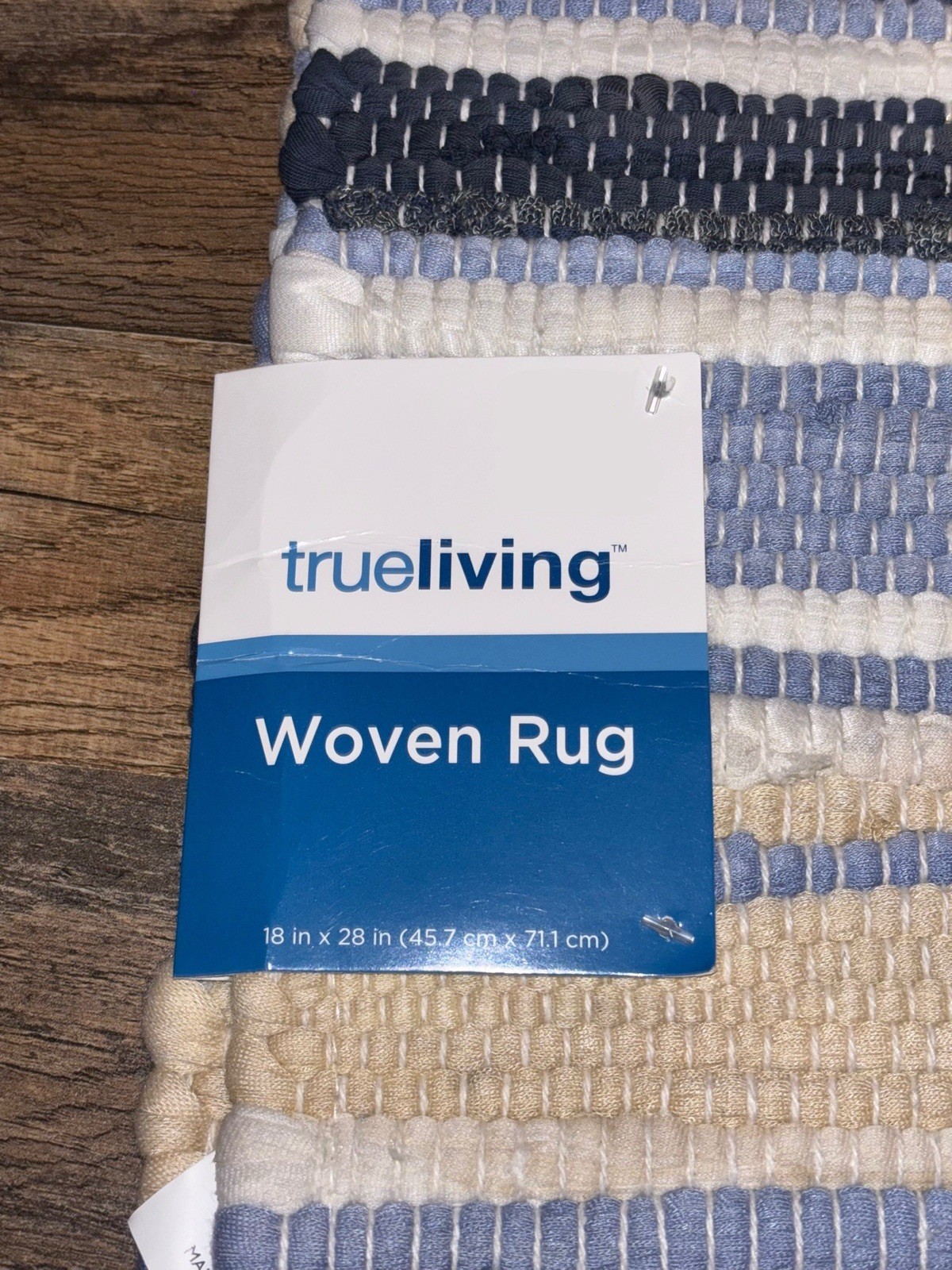 True Living Woven Accent Rug 18×28 Blue Cream Striped Fringe Farmhouse