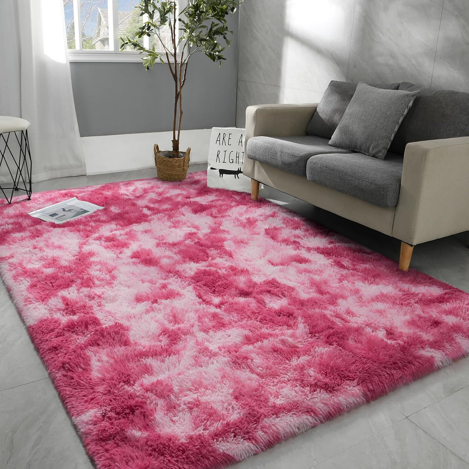 4X6 Large Washable Area Rugs for Living Room Tie-Dyed Light Grey | Non-Slip Indo