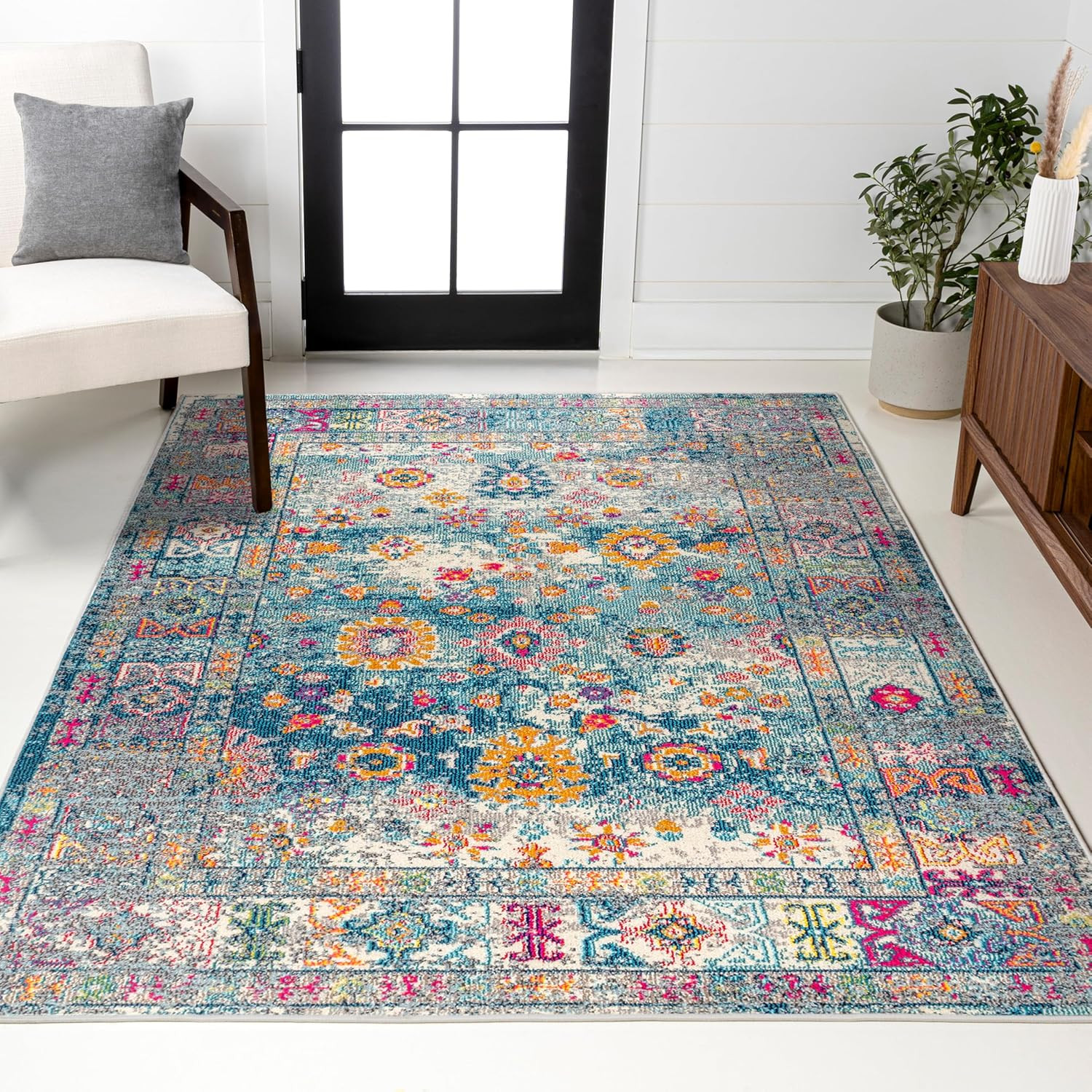 Boho Vintage Navy/Cream Indoor Area Rug, 8X10, Bohemian Flair Medallion, Chic, F