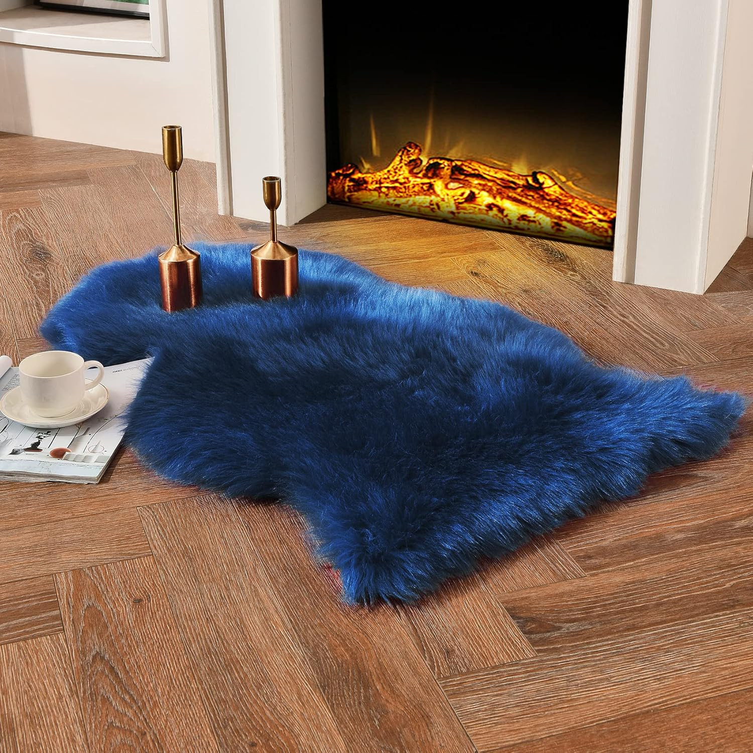 Navy Blue Faux Sheepskin Throw Rug 2×3 ft, Fluffy Shag Fur Chair Cover Small Bed