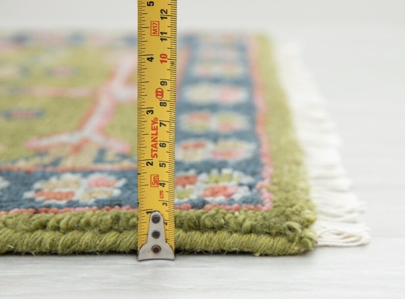 Hand Knotted Oushak Runner Rug Olive Green Wool Vintage Hallway Carpet Rug