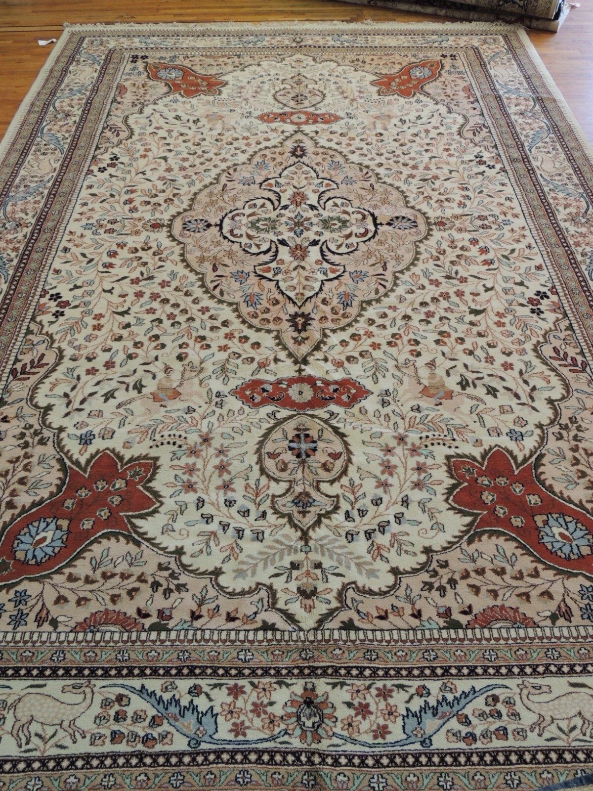 12×18 Tabrize Oriental Area Rug Horse Hunting Animals Ivory Rust Blue Coral