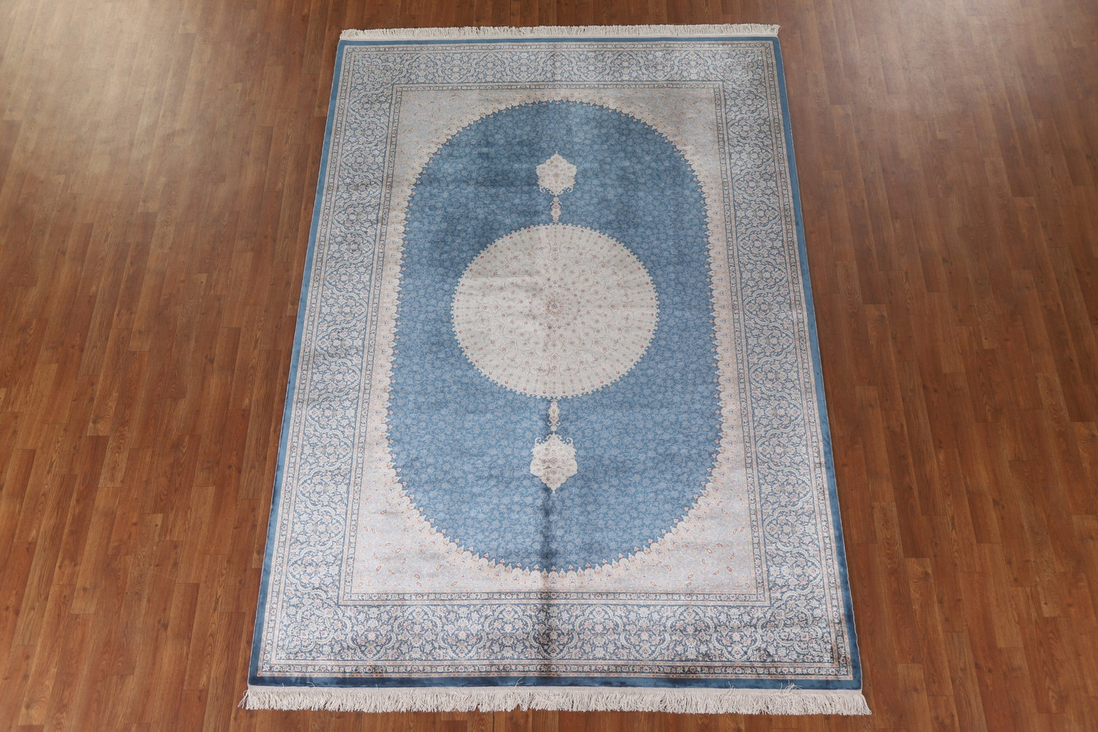 Blue/ Ivory Silk Floral Traditional Oriental Rug 6×9 ft for Living Room Dining