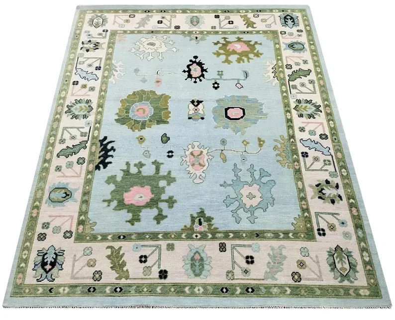 Hand Knotted Oushak Wool Rug | 8×10 Light Blue Area Carpet with Green Border