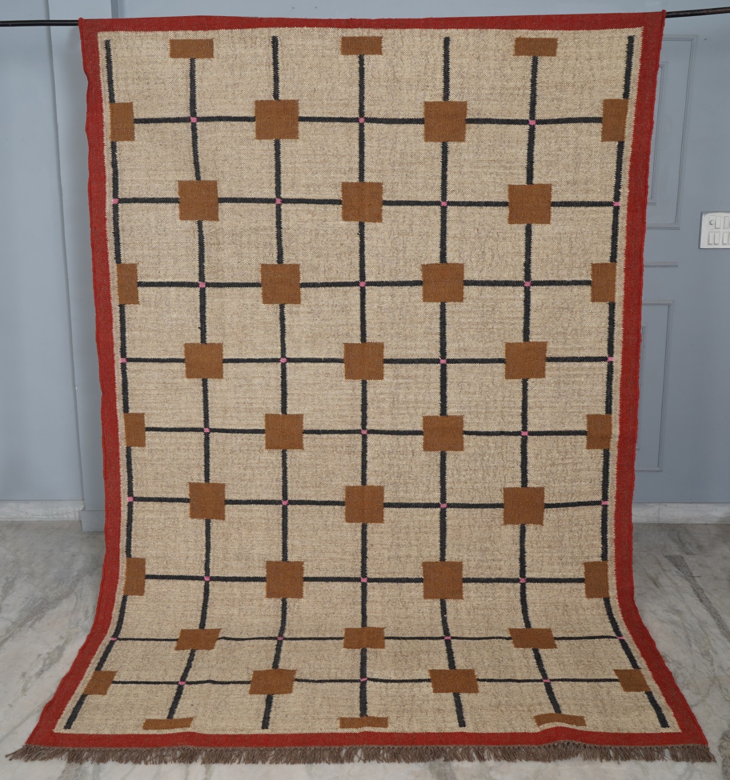 Handmade Area Rug Turquoise, Rust Brown & Natural Ivory Starburst Geometric Rugs