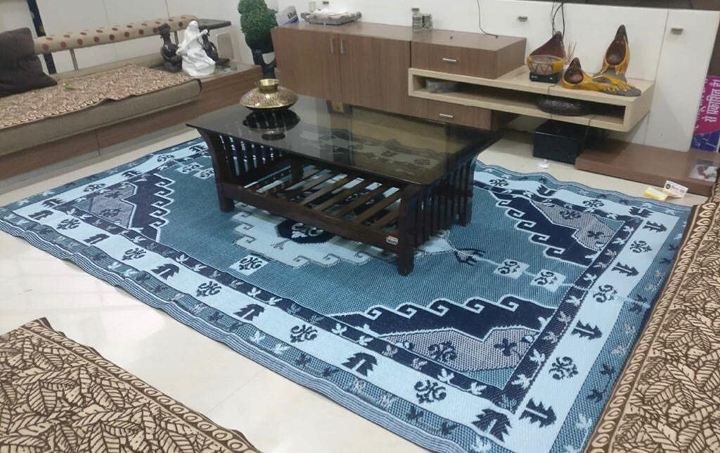 B-USA Outdoor Plastic Straw Rugs Outdoor Patio Rugs 6’x9′ Navy Blue,Grey,White