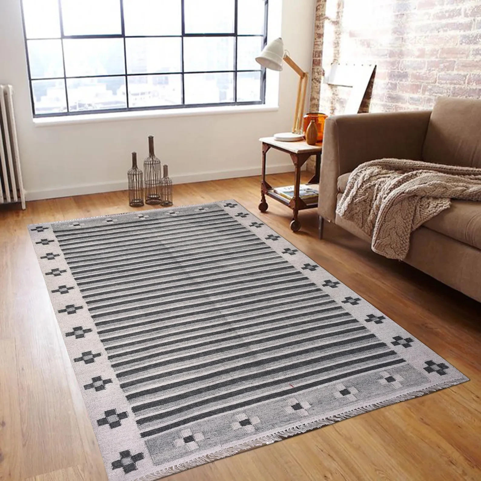 Handwoven Cotton Kilim Rug Color Brown & Black Handmade Design Carpet Rug