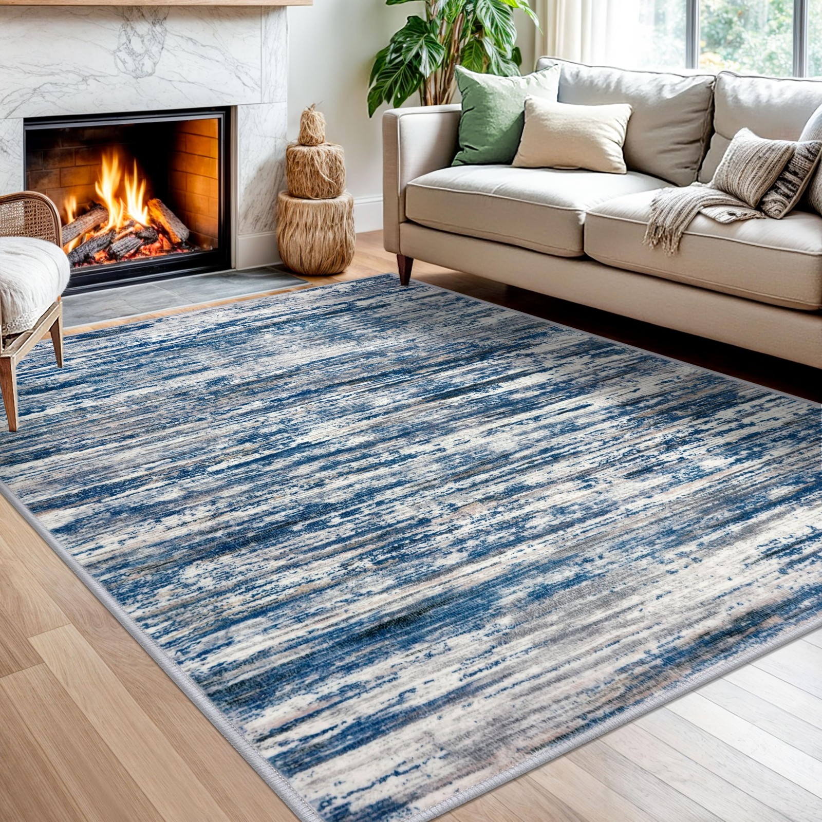 5×7 Modern Abstract Area Rug for Bedroom, Navy Blue Gray Neutral Multi Large …